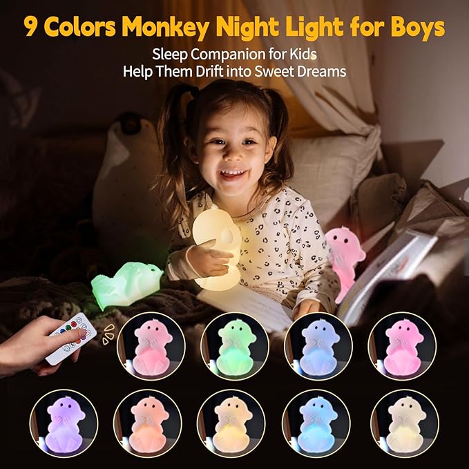 Monkey Night Light for Kids, Remote & Tap Control, Color Change, 15/30/60 Min Timer, Dimmble, USB-C Rechargeable Squishy Night Light, Cute Night Lamp for Boys, Girls (Monkey)