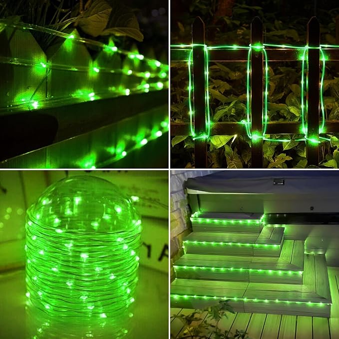 Solar Rope Lights, 2 Packs Total 66ft 200LEDSolar String Lights, 8 Modes Waterproof Solar Powered Outdoor Light, Flexible Clear Tube Light for Garden Backyard Patio Deck Porch Tree Xmas Decor - Green
