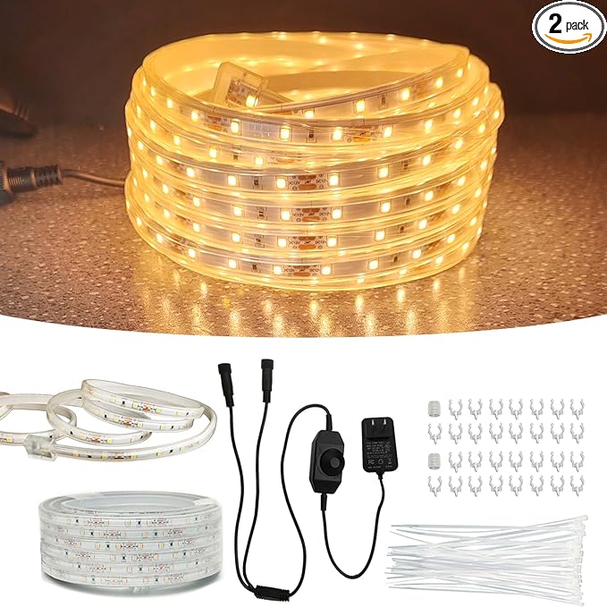 2Pack 50ft LED Rope Lights Outdoor Waterproof, 12V Dimmable Strip Light, Flexible LED Rope Lighting 3000K for Bedroom, Living Room, Backyard, Indoor Outdoor Decor