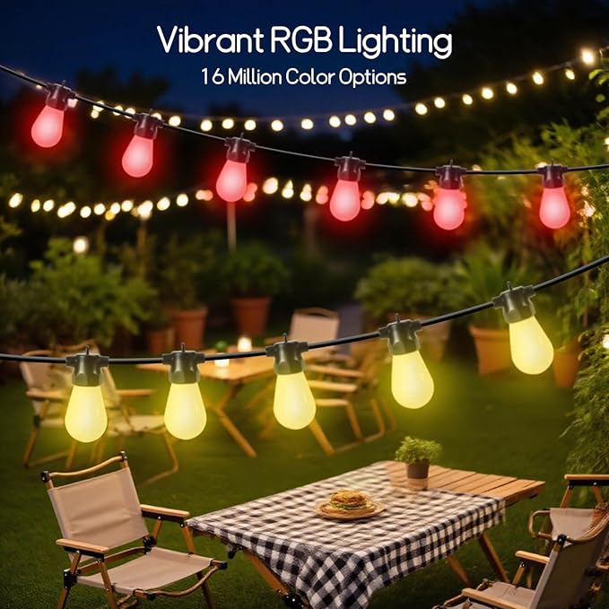 100ft Outdoor String Lights, RGBW Patio Lights with 30 LED Dimmable Bulbs, App & Remote Control, IP68 Waterproof,Shatterproof, Color Changing Lights for Backyard, Party Decor, 24V Safe Adapter