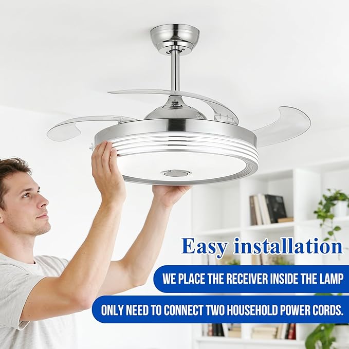 42 inch Retractable Ceiling Fan with Lights and Remote Control, 6Speed Dimmable Fandelier, Modern Smart Ceiling Fan Light with Bluetooth Speaker, RGB Color Reversible Bedroom Living Room