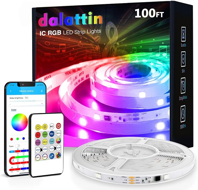 dalattin BGRIC Led Lights for Bedroom, 100ft 5050 LED Strip with DIY Multiple Colors, Work with Alexa&Google Assistant, Remote & App Control, Color Changing, Music Sync for Chrismas Holiday Decor