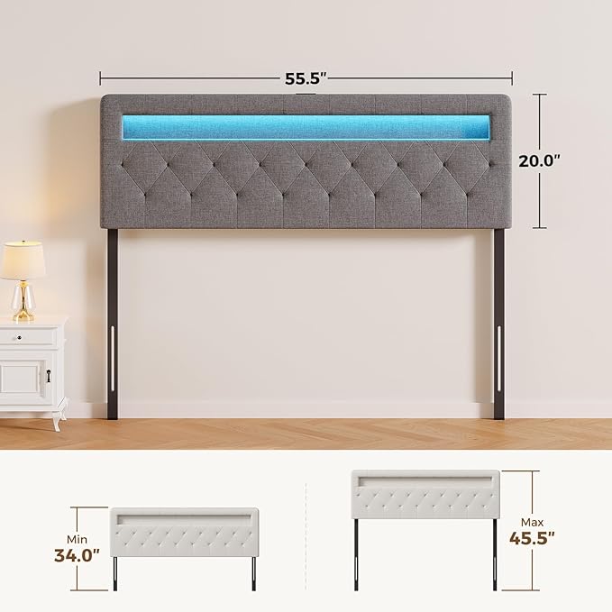 GREENSTELL Headboard for Full Size Bed with 60,000 DIY Color of LED Light, USB & Type C Post, Upholstered, Height Adjustable, Sturdy, Easy Assembly, Wall Mounted Head Boards Only, Gray