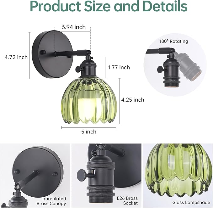 Vintage Battery Operated Wall Sconce with Green Tulip Glass Lampshade Rechargeable Battery Powered Black Wall Light with Remote Control for Bedside Bedroom Doorway