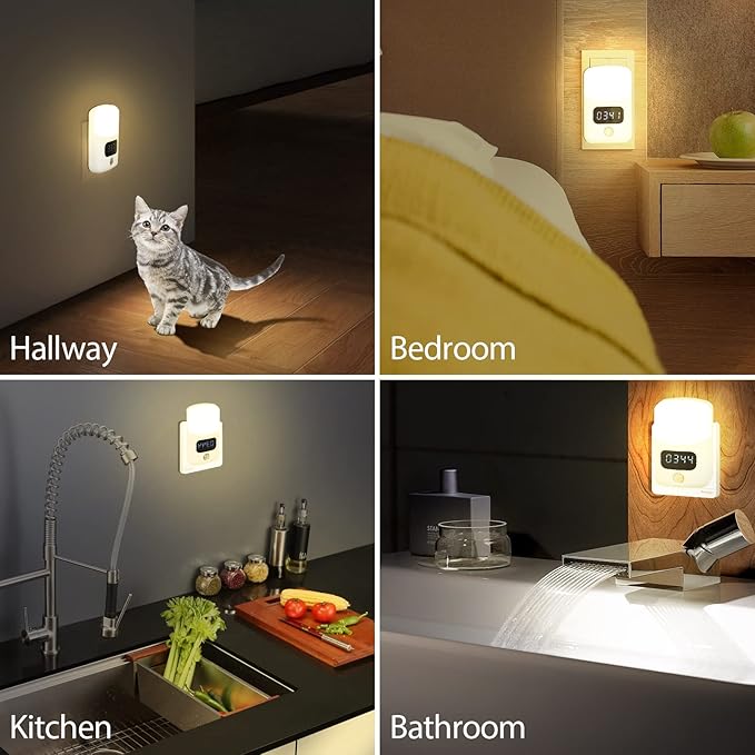 LUXON LED Motion Sensor Night Light with Digital Alarm Clock,Bathroom Clock Plug Into Wall 4000K Warm White,Dusk to Dawn Sensor for Bedroom,Hallway,Bathroom,Kitchen,Stair Indoor (12Hour Format)