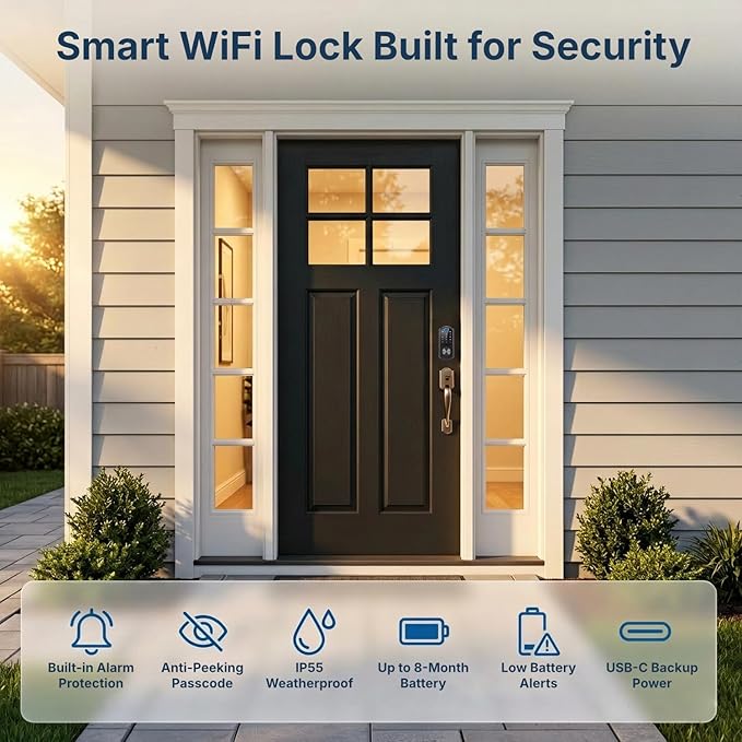 WiFi Smart Lock with Fingerprint, Keyless Entry Door Lock for Front Door, Built-in WiFi, Touchscreen Keypad Deadbolt, App Remote Control, Auto Lock, Easy Installation