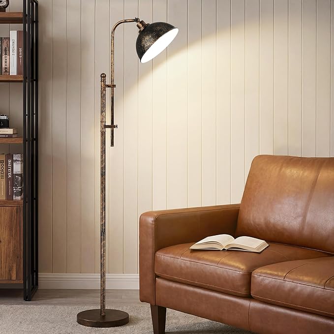 Floor Lamp, Industrial Modern Standing Lamp with Remote Control, 71" Height Adjustable, Aged Black Finish Rustic Farmhouse Tall Reading Lamp for Bedroom, Over Couch Arched Reading Light