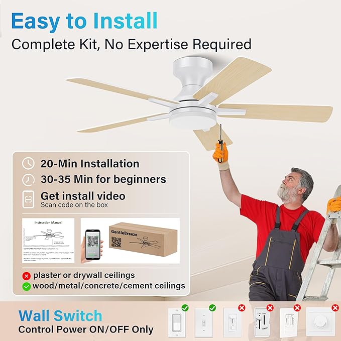 42 Inch Ceiling Fan with Lights and Remote,Flush Mount Ceiling Fan with APP Control,Quiet DC Motor,Dimmable LED/RGB,Low Profile Ceiling Fans for Bedroom,Modern Indoor,Patio,White and Wood Blades