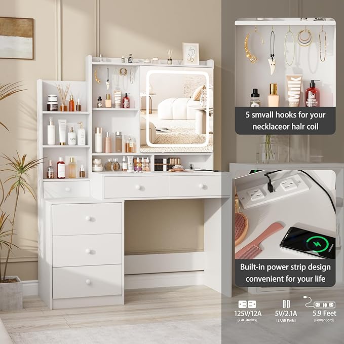 White Makeup Vanity with Led Mirror and Power Strip,Vanity Desk with Lots Drawers & Openable Mirror,3 Lighting Colors,Open Storage Shelves,Dressing Table for Bedroom