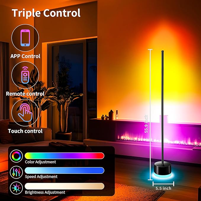 KSIPZE Led Floor Lamp, RGB+IC Corner Floor Lamps with Remote, Button, APP Control 16 Million Colors, 200+ Scenes, Music Sync, DIY Smart Led Corner Lamp for Bedroom