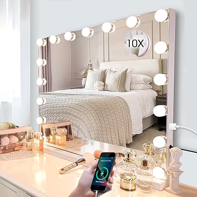Kottova Vanity Mirror with Lights, 24.4"x21.2" Lighted Makeup Mirror with 3 Dimmable Color Modes,17 LED Hollywood Mirror with Touch Control, USB Charging Port, Tabletop & Wall-Mounted (White)