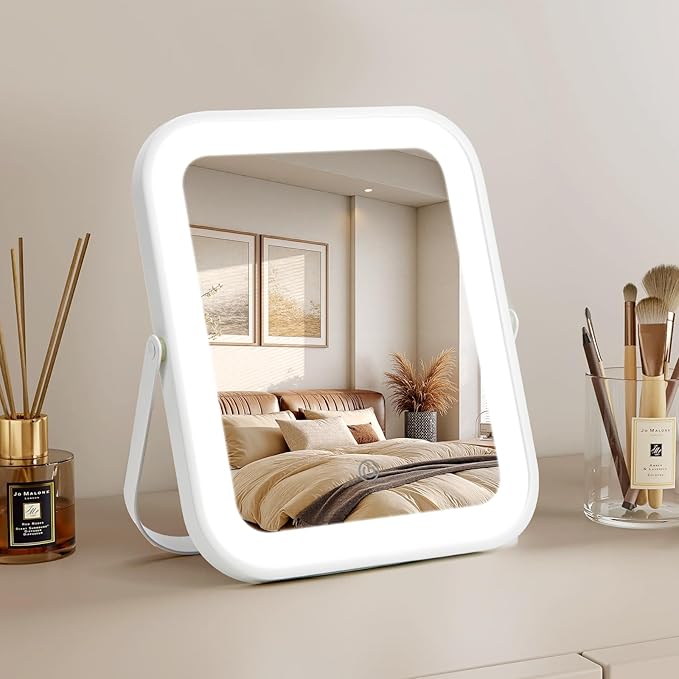 Rechargeable Vanity Mirror with Lights, 10"×8" Makeup Mirror with Lights, 1500mAH Battery, Smart Touch with 3-Color Lighting, Dimmable, HD Desk Mirror, Women Gift, Travel Essentials (White)