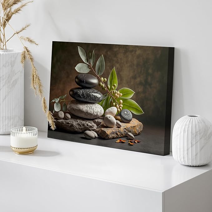 wall26 Canvas Print Wall Art Zen Massage Stone Pebble Bamboo Leaf Nature Wilderness Photography Realism Modern Art Decorative Multicolor Rustic Minimal Relax/Calm/Cozy Colorful for Bedroom - 32"x48"