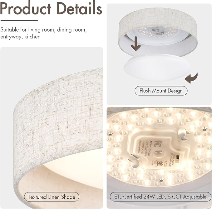 Modern Linen LED 13 Inch Ceiling Light Fixture with 24W 5CCT, Flush Mount Low Profile Room Lamp, Dimmable Minimalist Lighting for Bedroom, Kitchen, Hallway, Closet, Entryway