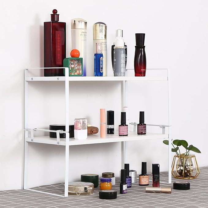 Desk Shelf Organizer for Top of Desk, Detachable 2 Tier Desktop Bookshelf, Wooden Desk Shelves Storage Rack, Small Desktop Shelf for Office Home Dorm, Tabletop Desk Organizer Stand (White+White)