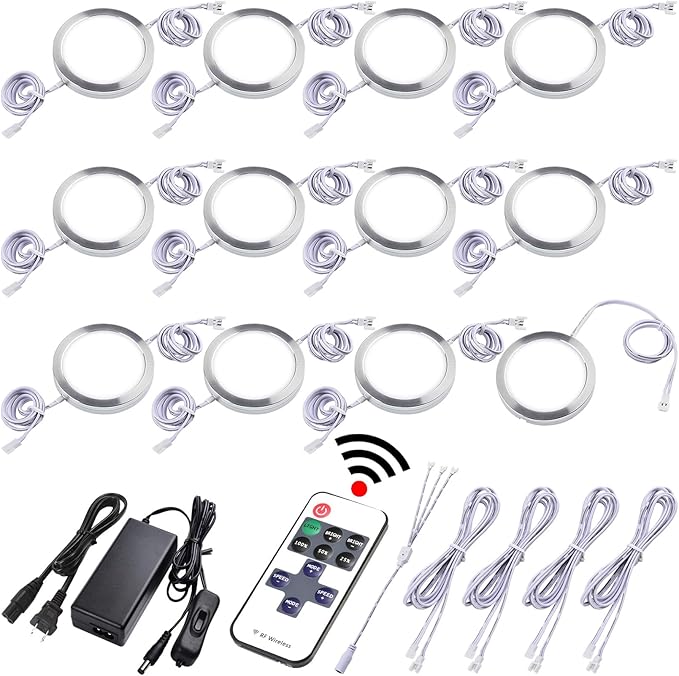 Small LED Puck Lights for Uplight or Downlight, 120V Hardwired & Plug in Cabinet Lights Kit, Wireless RF Remote Control Dimmable, Daisy Chained Linkable, White Wires, Daylight, 12 Lights