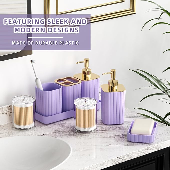 XLHOMO Bathroom Accessories Set - Gorgeous Bathroom Set, 10PC Purple Bathroom Accessory Set, Toilet Brush, Trash Can & Soap Dispenser
