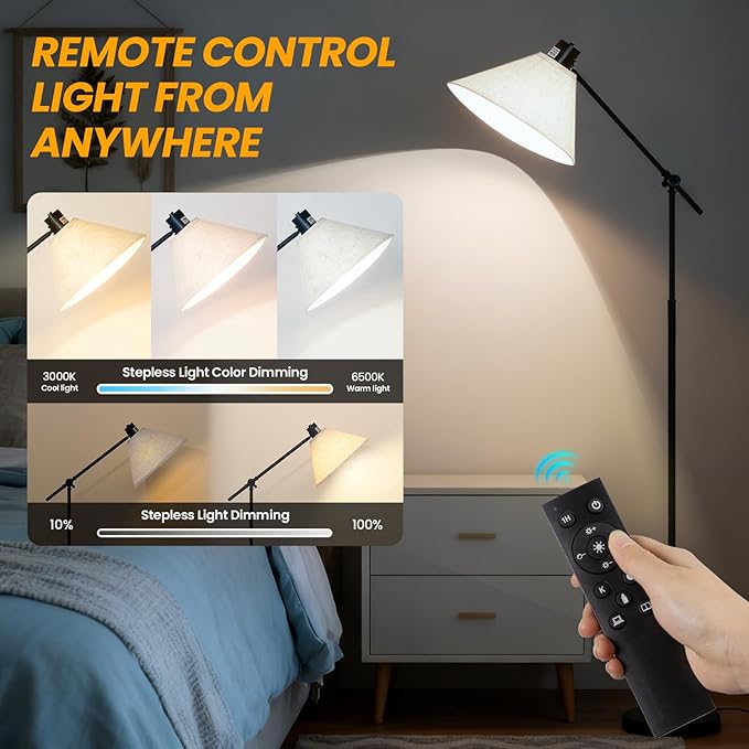 Remote Floor Lamp for Living Room and Bedroom - Modern Tall Standing Lamps with Led Bulb and Dimmable Light - Black Arc Stand Lights with Shade for Home Decor, Office, Reading and Corner