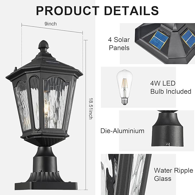 18.5" Black Solar Powered Outdoor Post Light Fixture with Remote Control, Dusk to Dawn LED Pole Lamp Waterproof Exterior Pillar Lantern Post Lighting for Pathway Garden Patio Gargae