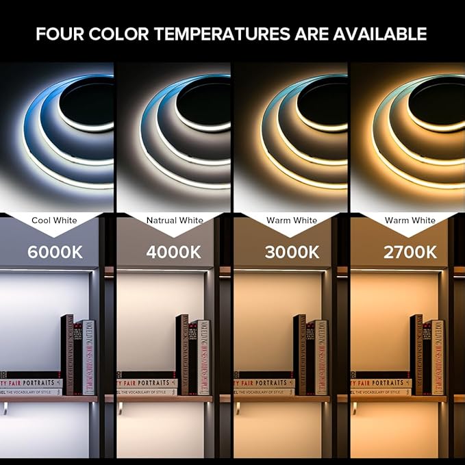 16.4FT COB LED Strip Light DC24V Warm White Flexible High Density Uniform Bright Strip, 320LEDs/m CRI90+ 8mm Dimmable 3000K LED Tape for Under Cabinet DIY Decor, No Power and Controller