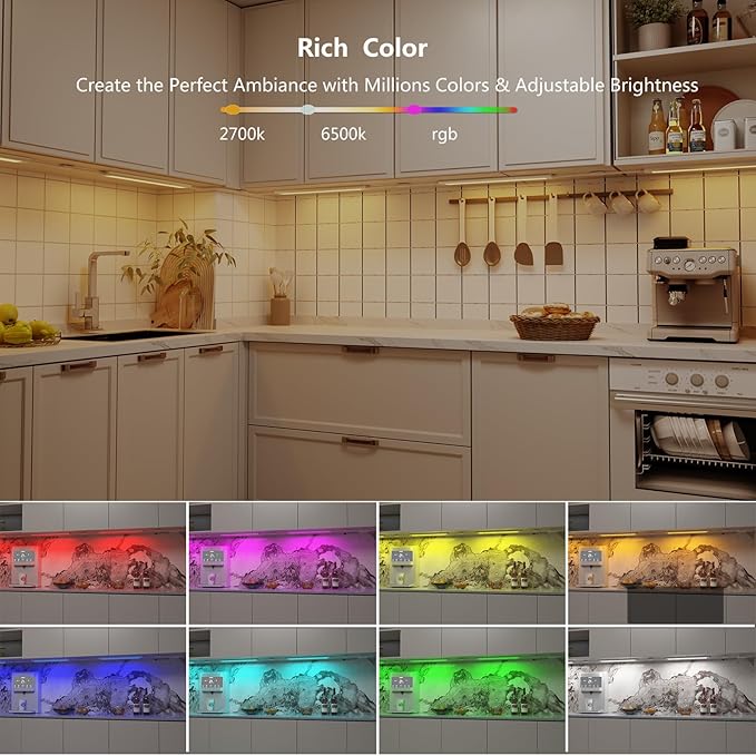 Smart Under Cabinet Lighting White & Multicolor LED Strip Lights Dimmable Works with Alexa,Google Home,Smart APP Remote Control RGB Kitchen Lamp Plug in for Under Counter Light Fixtures,6pcs