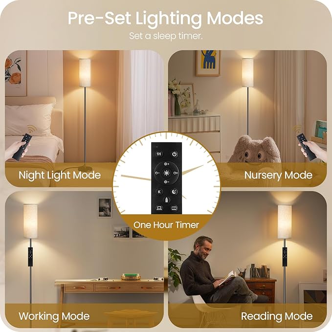 64.4” Dimmable Floor Lamp for Living Room with Remote and Foot Switch, Modern Standing Tall Lamp, Corner Floor Lamp for Bedroom, 10W 900LM LED Bulb Included, 3000K-6500K, Beige, FCC Listed E06LD05W1