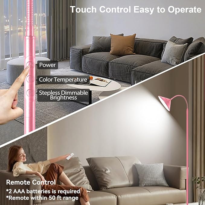 Floor Lamp, 18W Upgraded Bright LED Floor Lamps for Living Room Bedroom with Gooseneck Stepless Dimming & Color 76inch Tall Standing Lamp with Remote & Touch Control Work with Smart Plug (Pink)