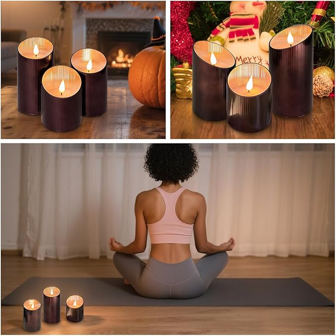 Rechargeable Flameless Candle, Flickering LED Pillar Glass Fake Candle with Remote and Timer, Built-in Battery Real Wax Electronic Candle for Room Decoration, Set of 3