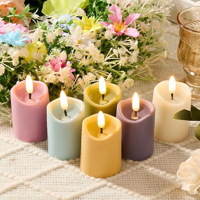 Simplelight Pastel Flameless Votive Candles with Timer, Realistic Black Wick Spring Candles Battery Operated, Battery Included, D 1.8” X H 3.1”, Set of 6 for Easter Decoration (Multi Color)