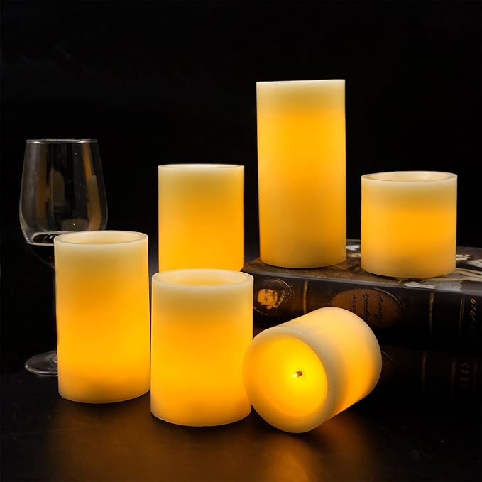 DRomance Flameless Flickering Candles Battery Operated with 10-Key Remote and Timer, Set of 6 Real Wax Optical Fiber Wick Warm Light LED Pillar Candles Christmas Decoration(Ivory, D3" x H3"4"5"6"7")