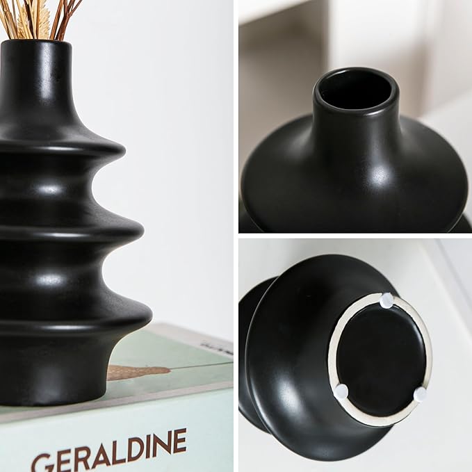 Modern Ceramic Vase Set, Small Matte Black Vases for Home Decor, Minimalist Vase for Entryway, Living Room Decoration, Table Centerpieces