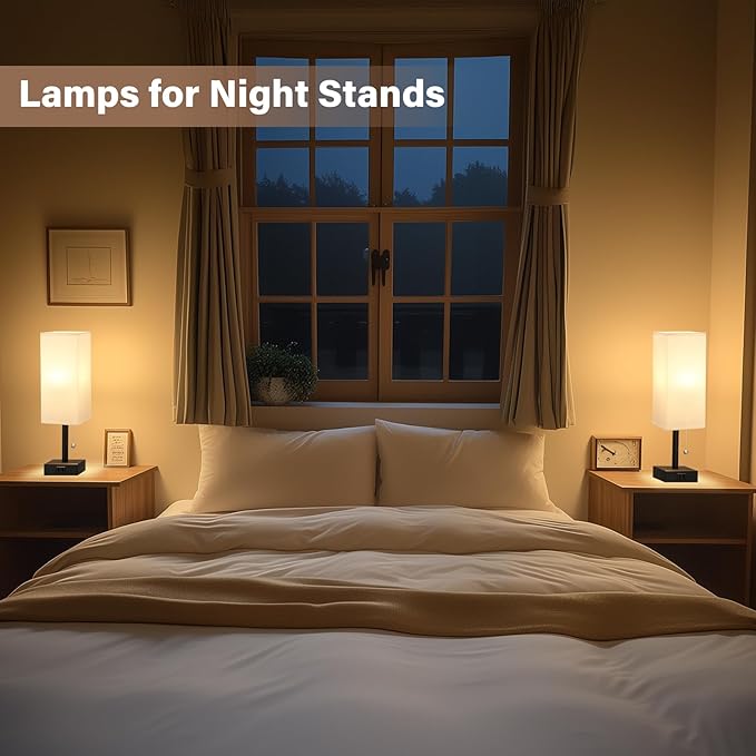 White Bedside Lamps for Bedroom Set of 2 - Small Rectangular Nightstand Lamp with AC Outlet Charging Port, 3 Color Temperatures Desk Light with Bulb, Tabletop Reading Lamp for Living Room/Dorm/Office