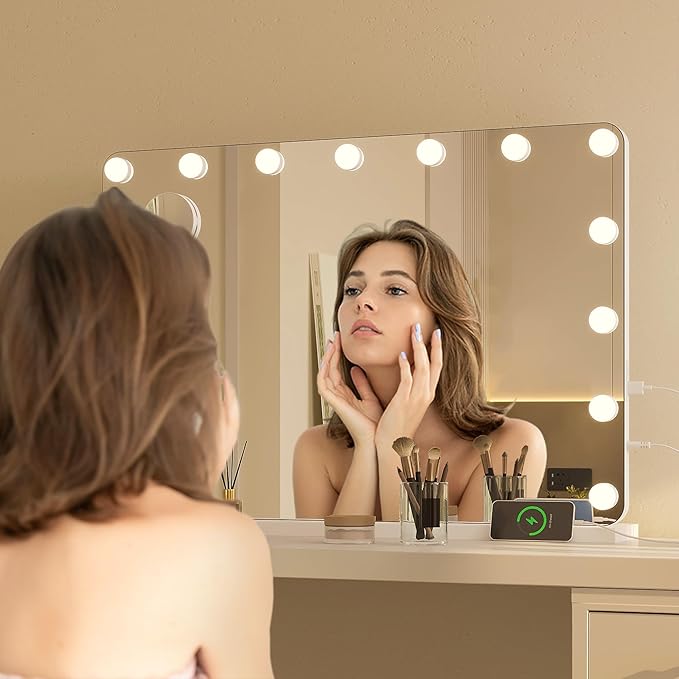 Hasipu 31"x22" Vanity Mirror with Lights, Makeup Mirror with Lights and Magnification, Hollywood Mirror with 3 Color Modes, LED Make up Mirror, Light up Mirror with USB & Type-C Charging