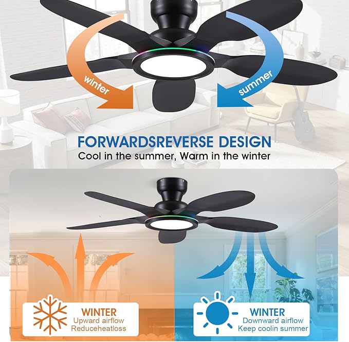 Ceiling Fans with Lights and Remote/APP Control, 52 inch Low Profile Ceiling Fans with Dimmable White + RGB Ring Lights, 6 Speeds 5 Curved Blades for Kids Room Bedroom Bar, Black
