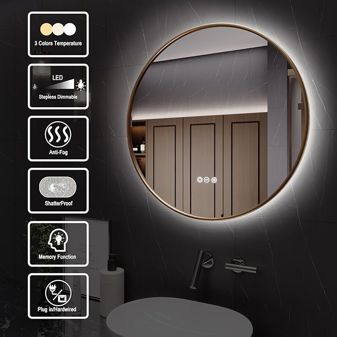 Round Bathroom Mirror with Lights, 36x36 Inch Vanity Mirror with Backlit, Anti-Fog, 3 Colors and Stepless Dimmable Wall Mounted Makeup Mirror with Metal Frame (Gold)
