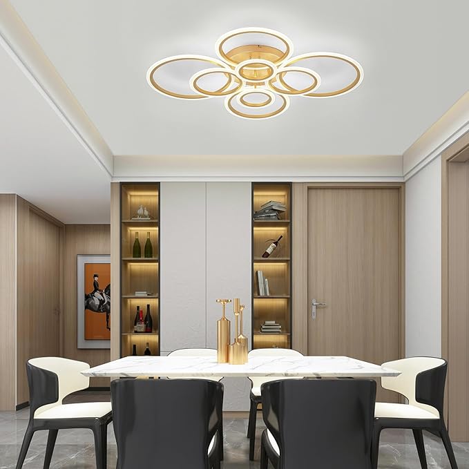 Vikaey Modern LED Flush Mount Ceiling Light, 8 Rings Gold Close to Ceiling Light Fixtures, Living Room Lighting Ceiling Lamp for Dining Room, Bedroom, Kitchen, 4000K Not Dimmable
