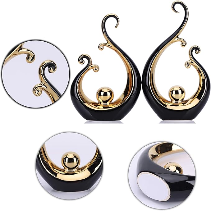 DOVDOV Abstract Ceramic Black Statue 2 Piece Set, Modern Art Black Gold Home Decor, Unique Home Decor, Coffee Table Bookshelf Room Shelf Coffee Table Console TV Stand Decor and Accessories.