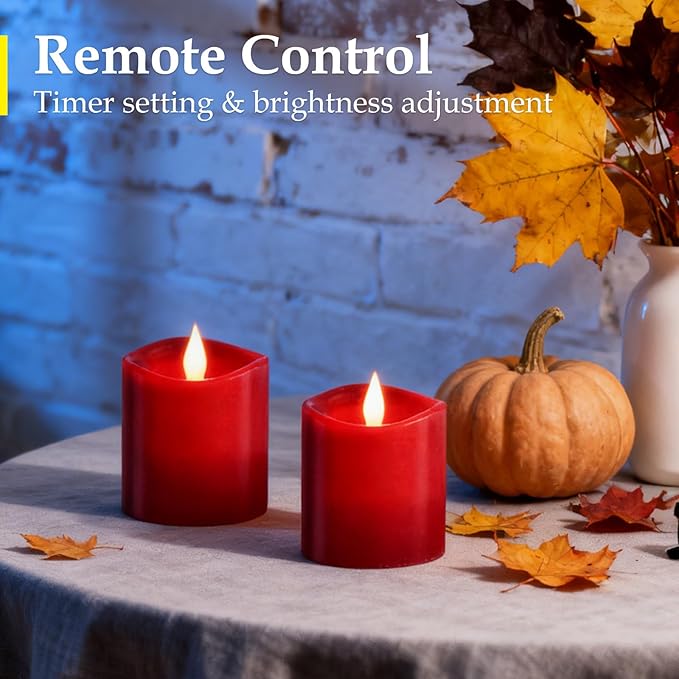 Red LED Pillar Candles, 3inch - Battery Operated with Remote Timer, Flickering Flame, Lasts Over 600 Hours, Perfect for Christmas and Halloween Deco (Red, 3"*3"-2pcs)