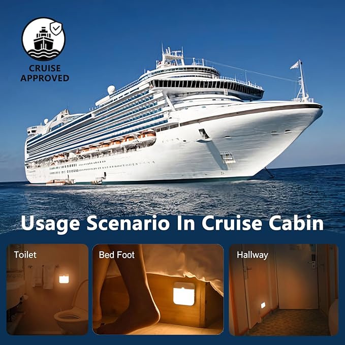 4 Pcs Magetic Night Light Motion Sensor Cruise Ship Approved with USB Cable LED Rechargeable Battery for Indoor Use in Bathroom Hallway Cabin Toilet Bed Stair Automatic Motion for Travel