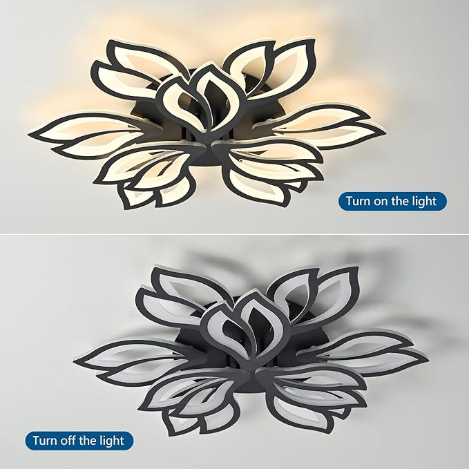 HuixuTe 28" Black Modern Flower Dimmable Ceiling Light Fixture, 9 Leaves Low Profile Flush Mount Ceiling Light for Living Room Dining Room Bedroom