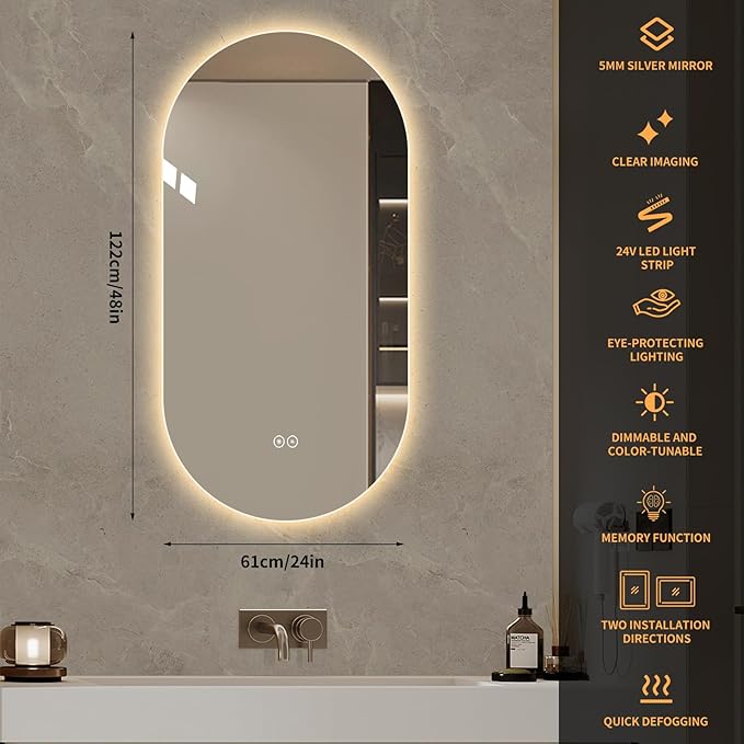 LAIYA 24V Full-Power Oval LED Bathroom Vanity Mirror, 48X24inch Frameless Backlit Mirror with Light, Smart Anti-Fog Waterproof Mirror with Memory Function Dimmable Lighted Mirror