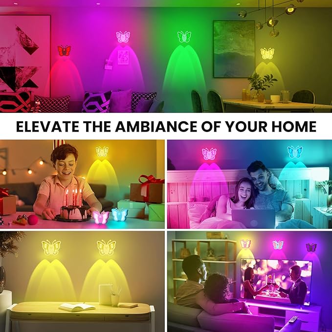 LOFTEK Rechargeable Motion Sensor Light, RGB Color Changing & Dimmable Night Light, Cute Butterfly Light for Kids' Bedroom, Bathroom, Hallway, Tent & Stairs - Ideal Home Decor & Gift, Yellow of 4