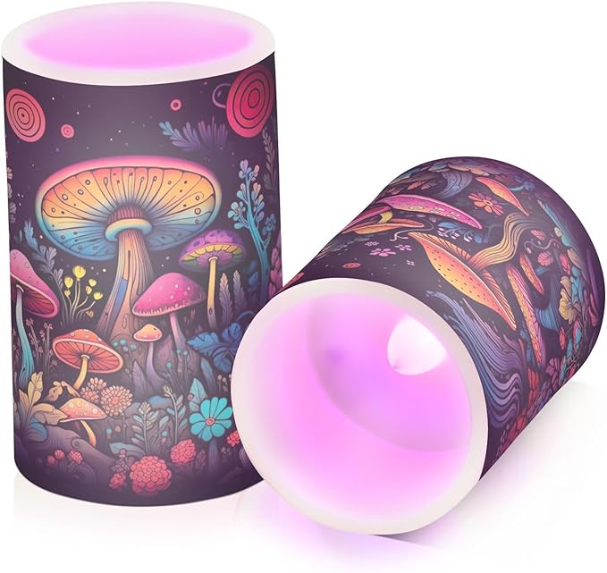 Doodle Colourful Fantasy Mushroom Flameless Candles Color Changing LED Candles with Remote Control Battery Candles for Outdoor and Indoor Home and Room Decoration, 3'' x 4''/5'' Set of 2 Pieces