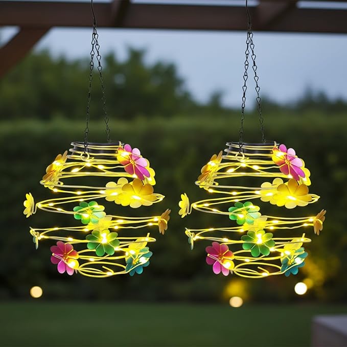 2 Pack Solar Lanterns Outdoor Waterproof , 30LEDs Hanging Solar Lights with Flower for Garden Patio Yard Decor, Gift for Grandma Gardeners Women