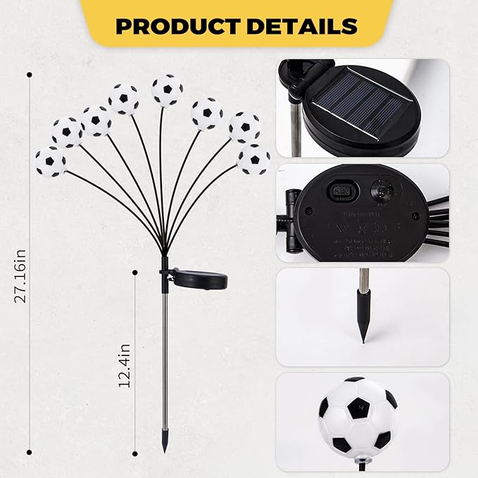 Solar Football Garden Lights – Swaying LED Solar Lights Outdoor for World Cup Decor, Outdoor Waterproof Patio & Yard Lights with Flexible Wire & Heavy Base, Multi-Colored (2 Pack)