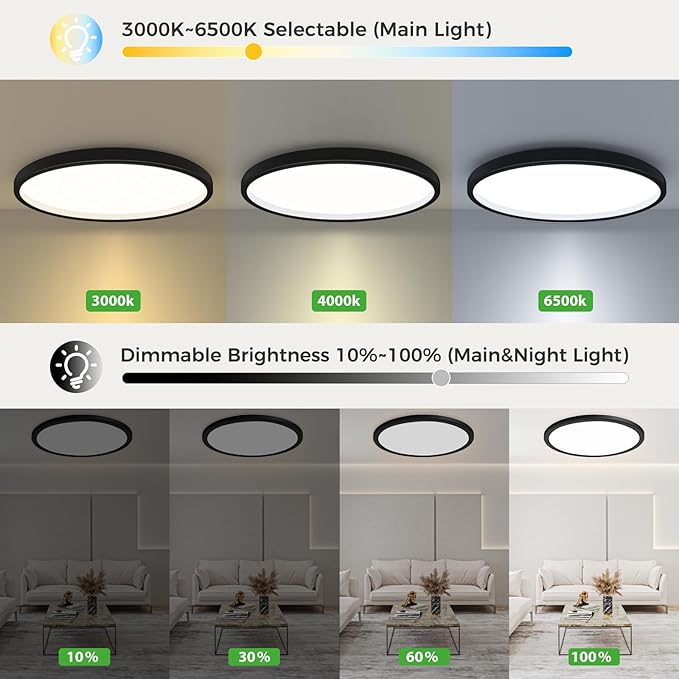 zemty 12 Inch LED Ceiling Light with Night Light 1800K, 2 Pack Dimmable Ceiling Lights with Remote Control, Low Profile for Bedroom, Living Room, Kitchen - Black