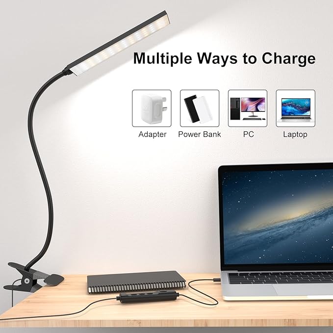 RAOYI LED Desk Lamp, 5W USB Clip on Light Eye-Caring Reading Clamp Table Lamp with 48 LEDs Flexible Neck, 3 Color Modes and 14 Brightness Levels for Office Bedroom Study (Black)