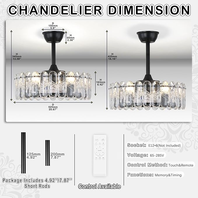 Finktonglan 20 Inch Black Caged Ceiling Fan with Light, Modern Chandelier Ceiling Fan with Lights Remote Control, Adjustable Crystal Fandelier 6 Speeds for Dining Room, Living Room