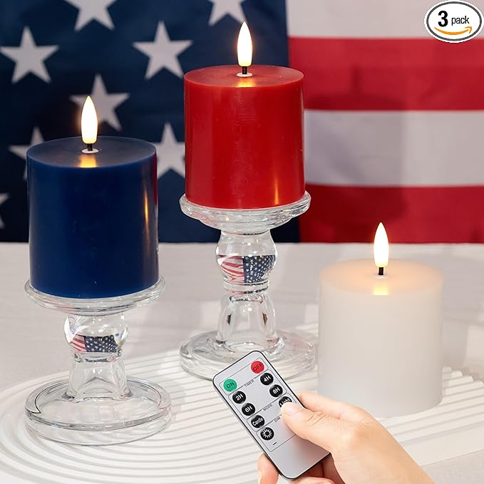 4th of July Candles, Patriotic Flameless Pillar Candles with Remote and Timer, Red White and Blue Battery Operated Set of 3, Real Wax LED Pillar Candles for Independence Day Celebrations