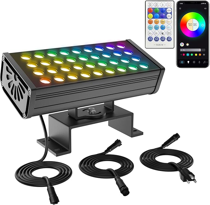Linkable Flood Lights Outdoor 180W RGBCW Color Changing LED Floodlight APP & RF Control, 2700K-6500K Tunable White, 50 Modes Music Sync, Wall Washer for House, Yard, Christmas Party